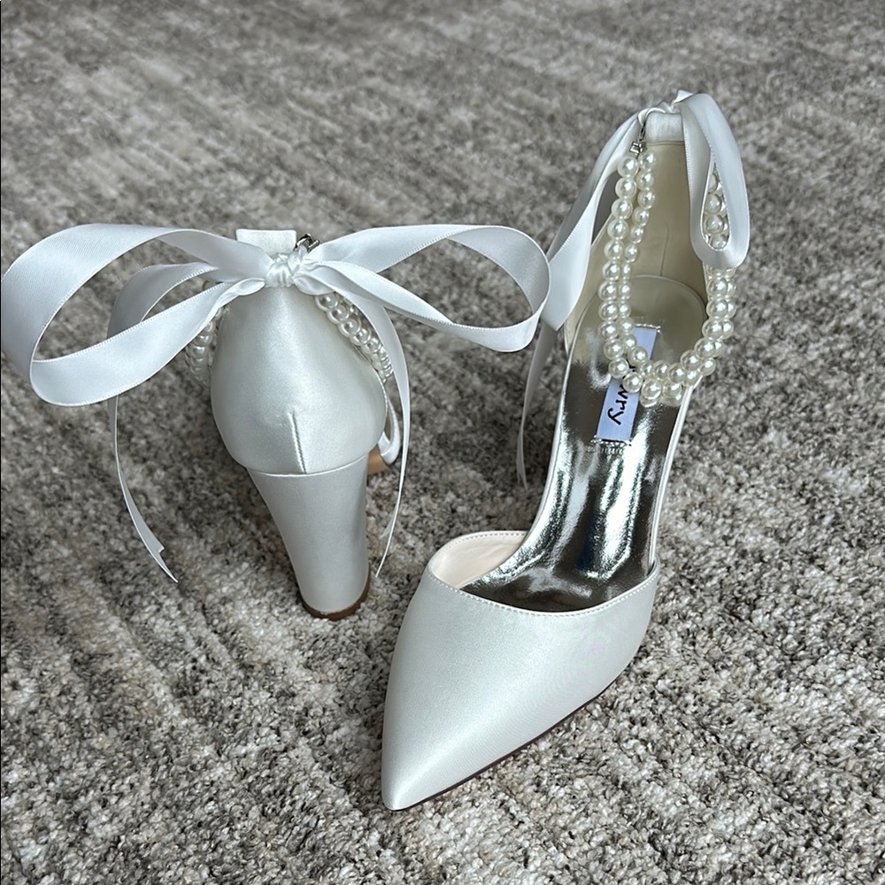 Elegant White Satin Heels with Pearl Ankle Strap